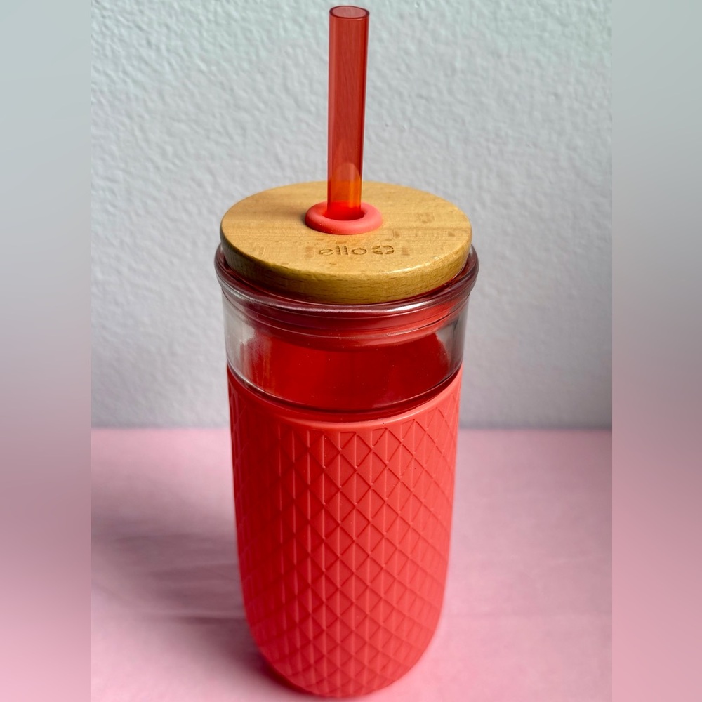 Ello Coral Glass Tumbler with wooden lid, protective sleeve and straw, BPA free